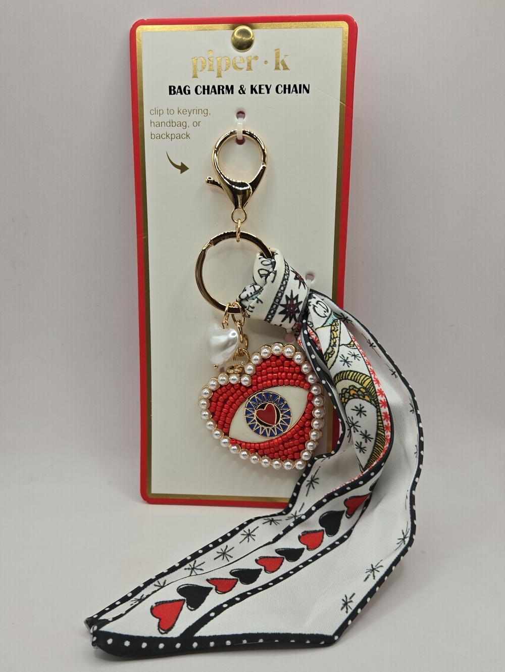 NWT Piper Red Heart Evil Eye Pearl-Trim Key Charm with Scarf